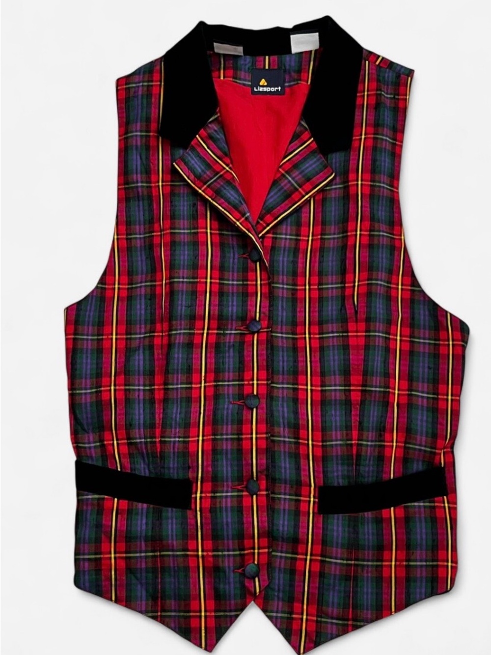 Vintage Liz Claiborne Silk Red Tartan Plaid Vest with Black Velvet Trim